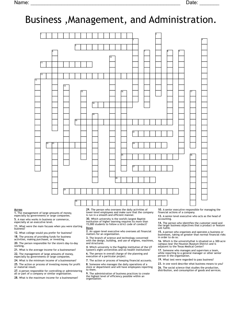 Business Management And Administration Crossword WordMint