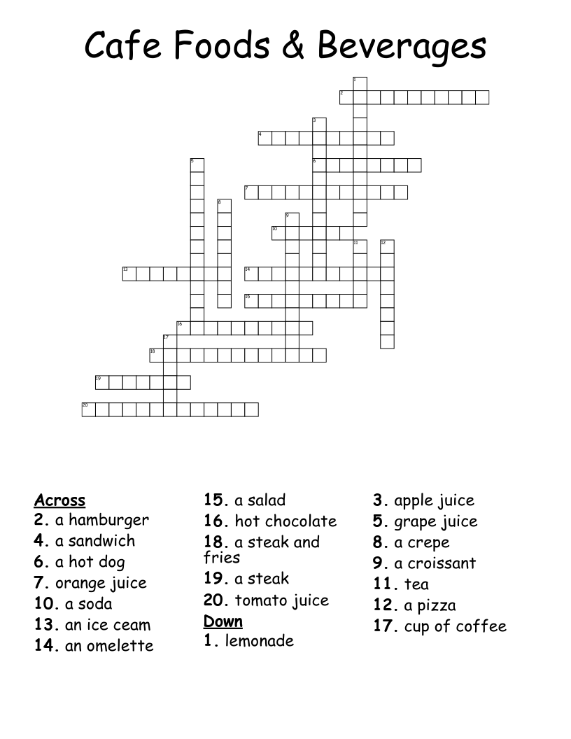 Cafe Foods Beverages Crossword WordMint