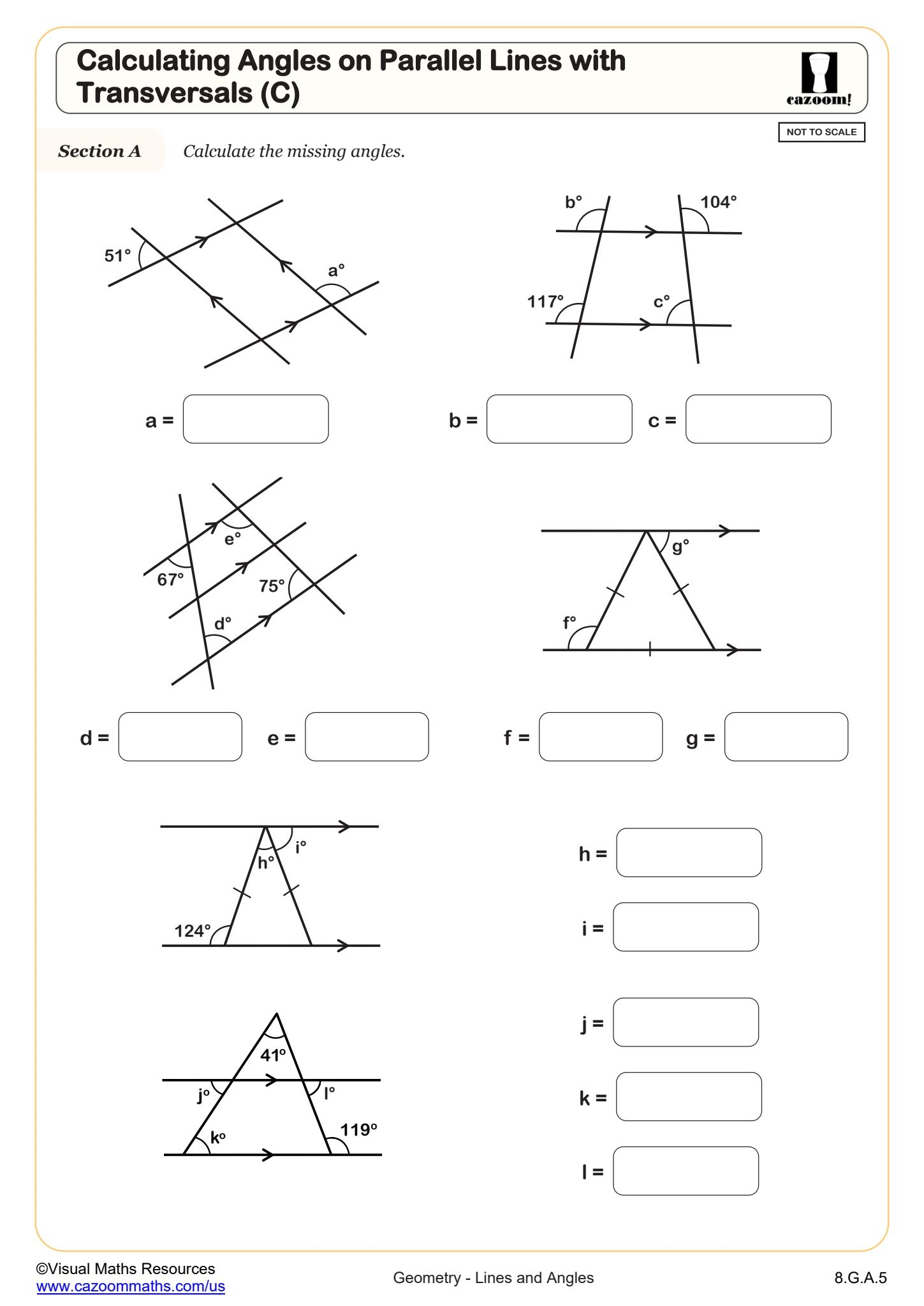 Calculating Angles On Parallel Lines With Transversals C Worksheet Fun And Engaging 8th Grade PDF Worksheets Cazoom Math