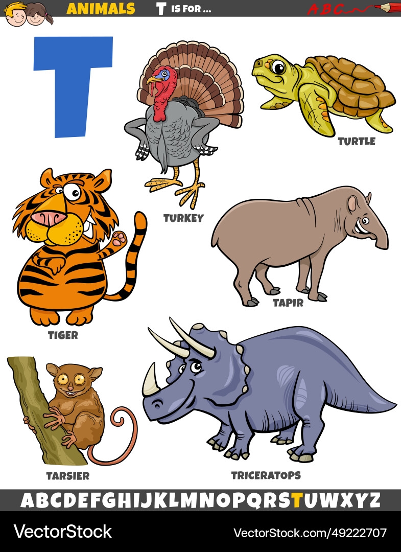 Cartoon Animal Characters For Letter T Royalty Free Vector VectorStock