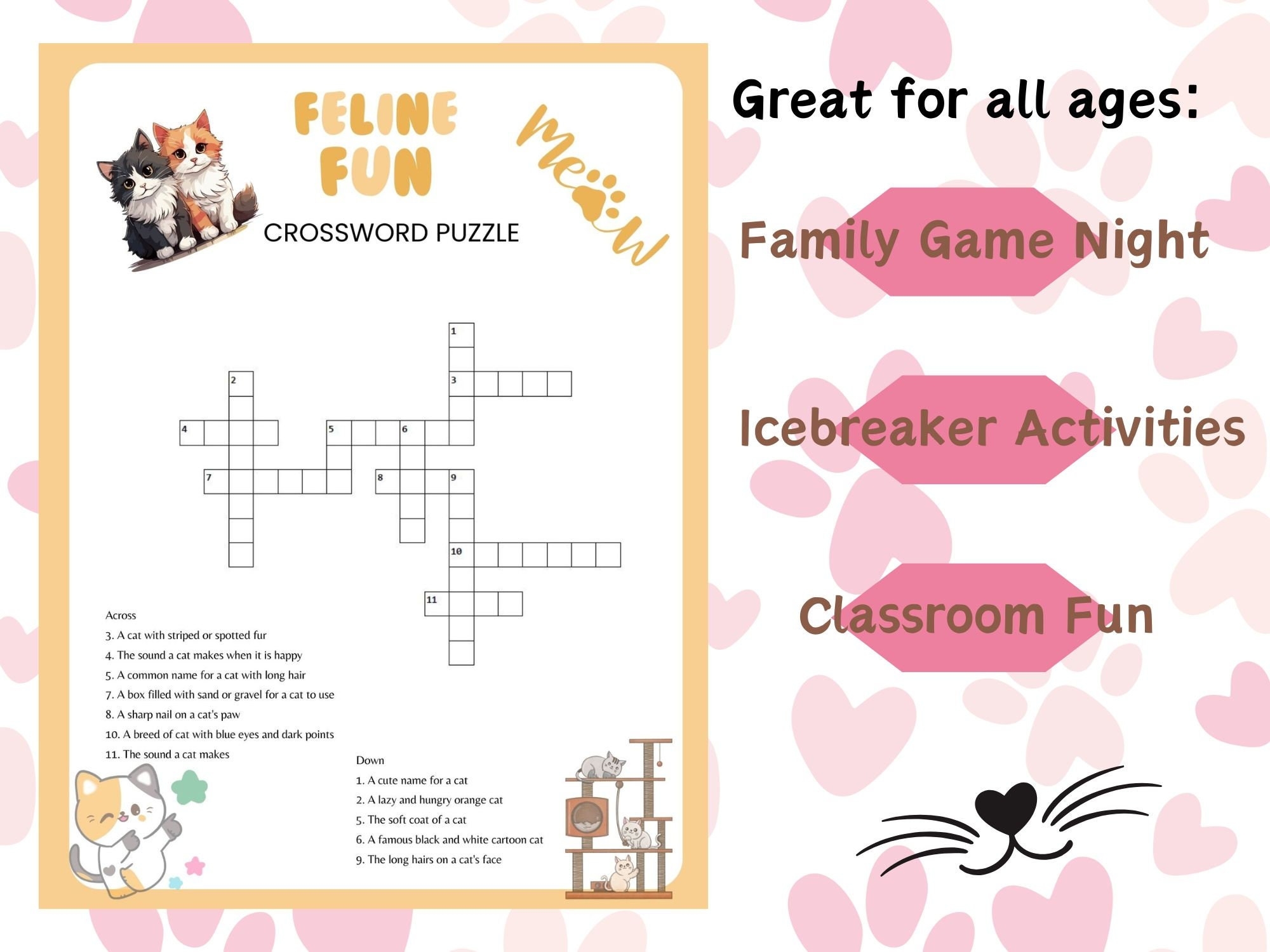 Cat Crossword Printable Digital Puzzle Feline Brain Teaser W answers Family Friendly Game Kids And Adult Wordplay Fun PDF File Digital Etsy