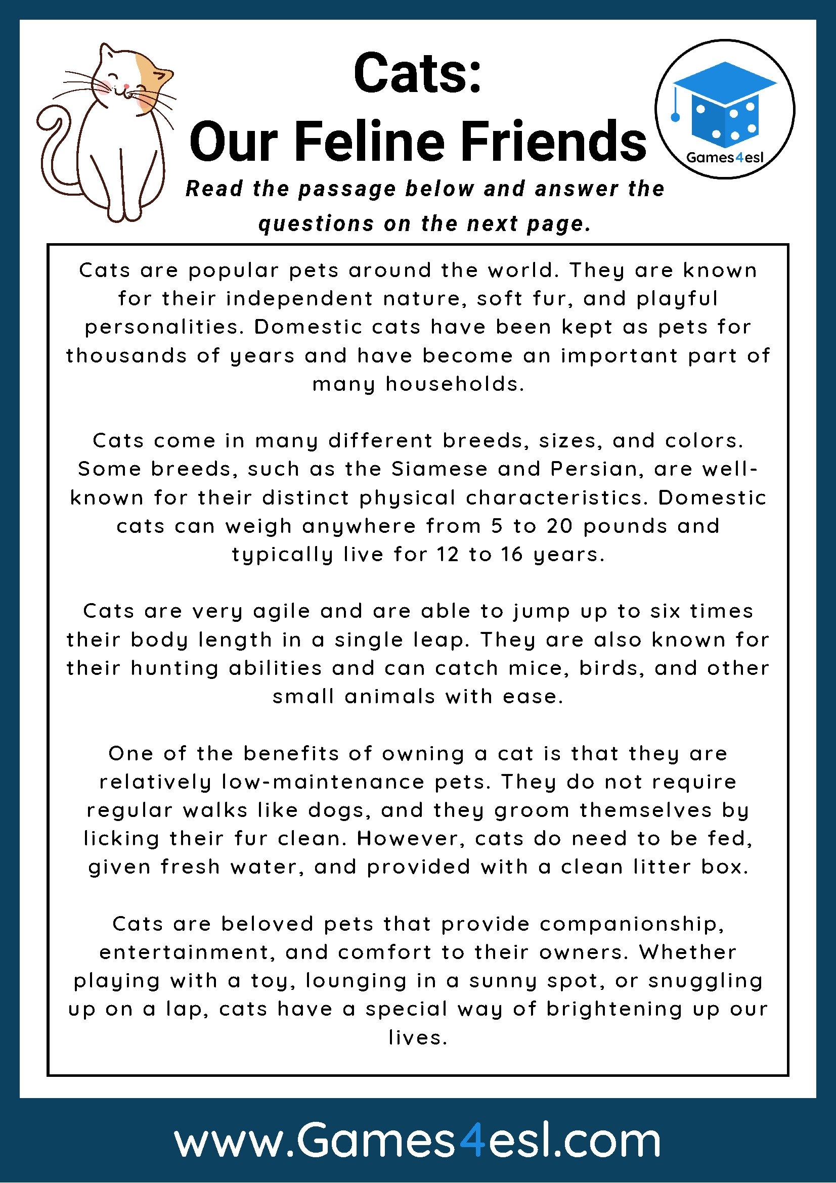 Cats Reading Comprehension Worksheet Games4esl