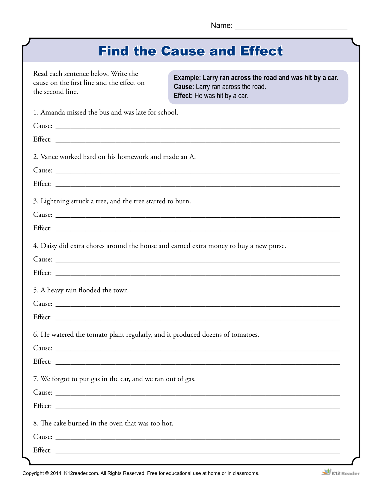 cause and effect worksheet