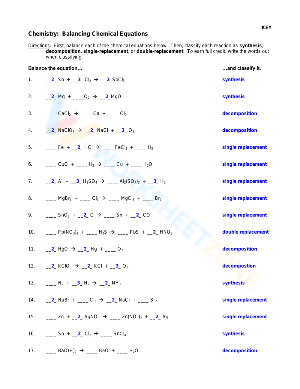 balancing chemical equations worksheet answer key