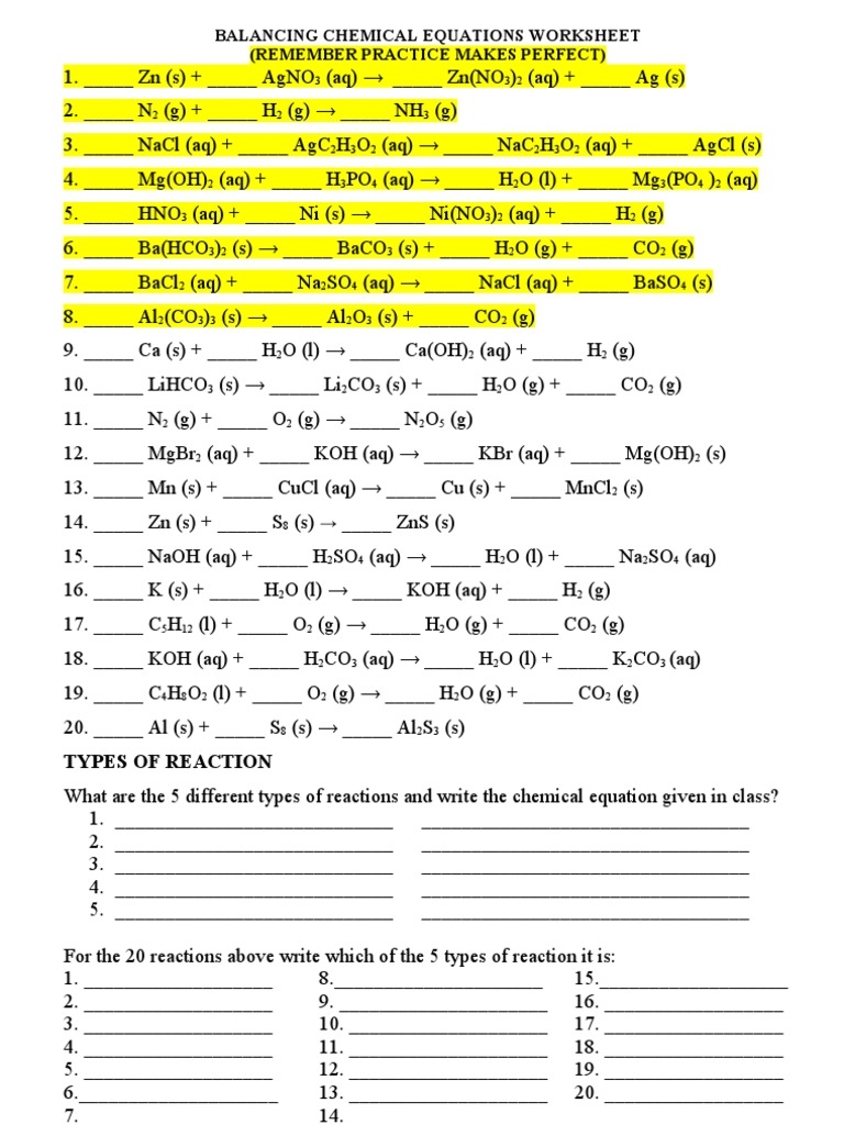 Chemistry Balancing Chemical Equations Worksheet Worksheets Library