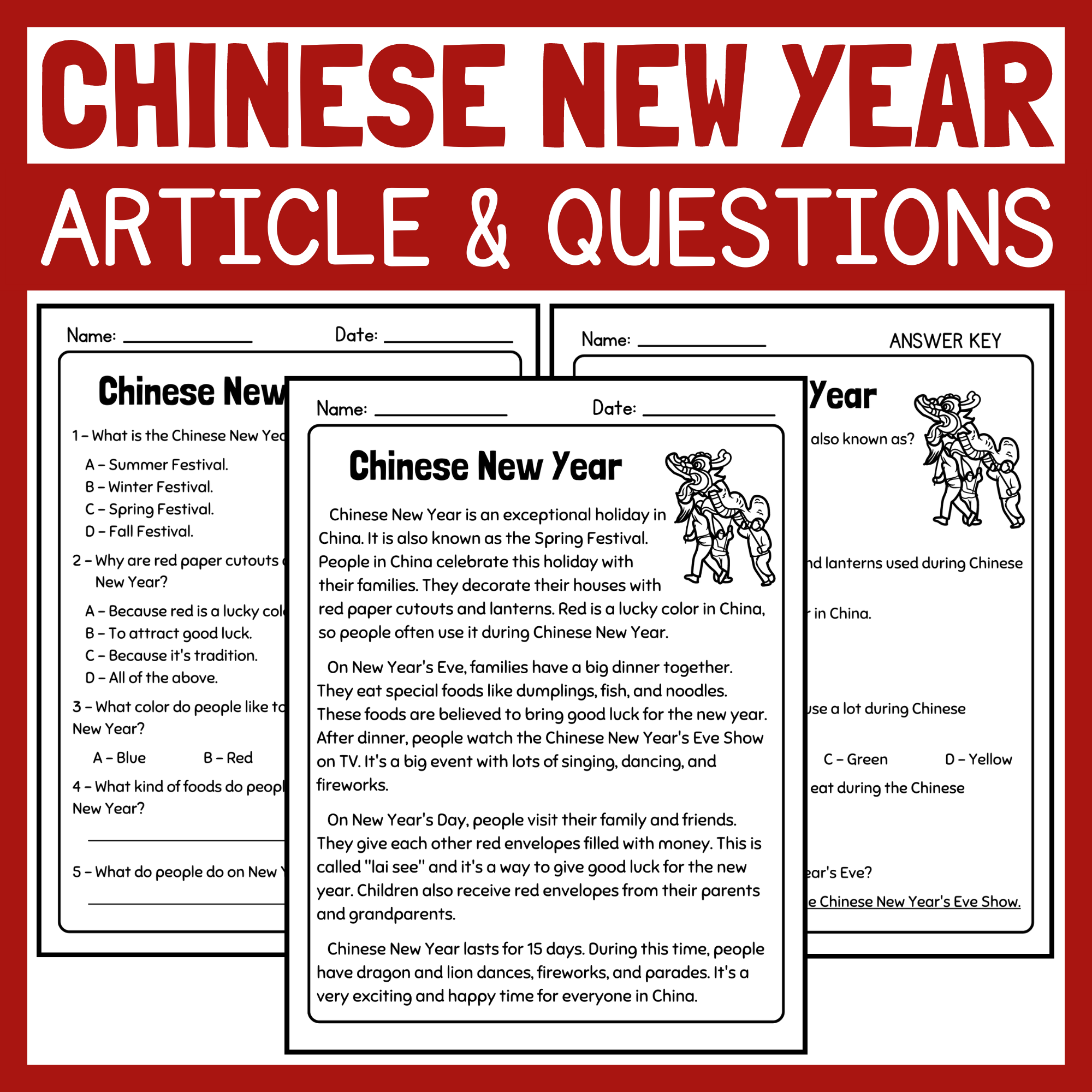 Chinese New Year Article And Reading Comprehension Questions Lunar New Year Made By Teachers