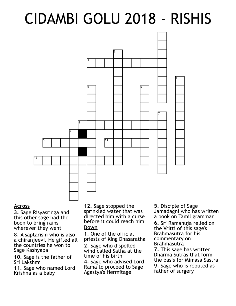 CIDAMBI GOLU 2018 RISHIS Crossword WordMint