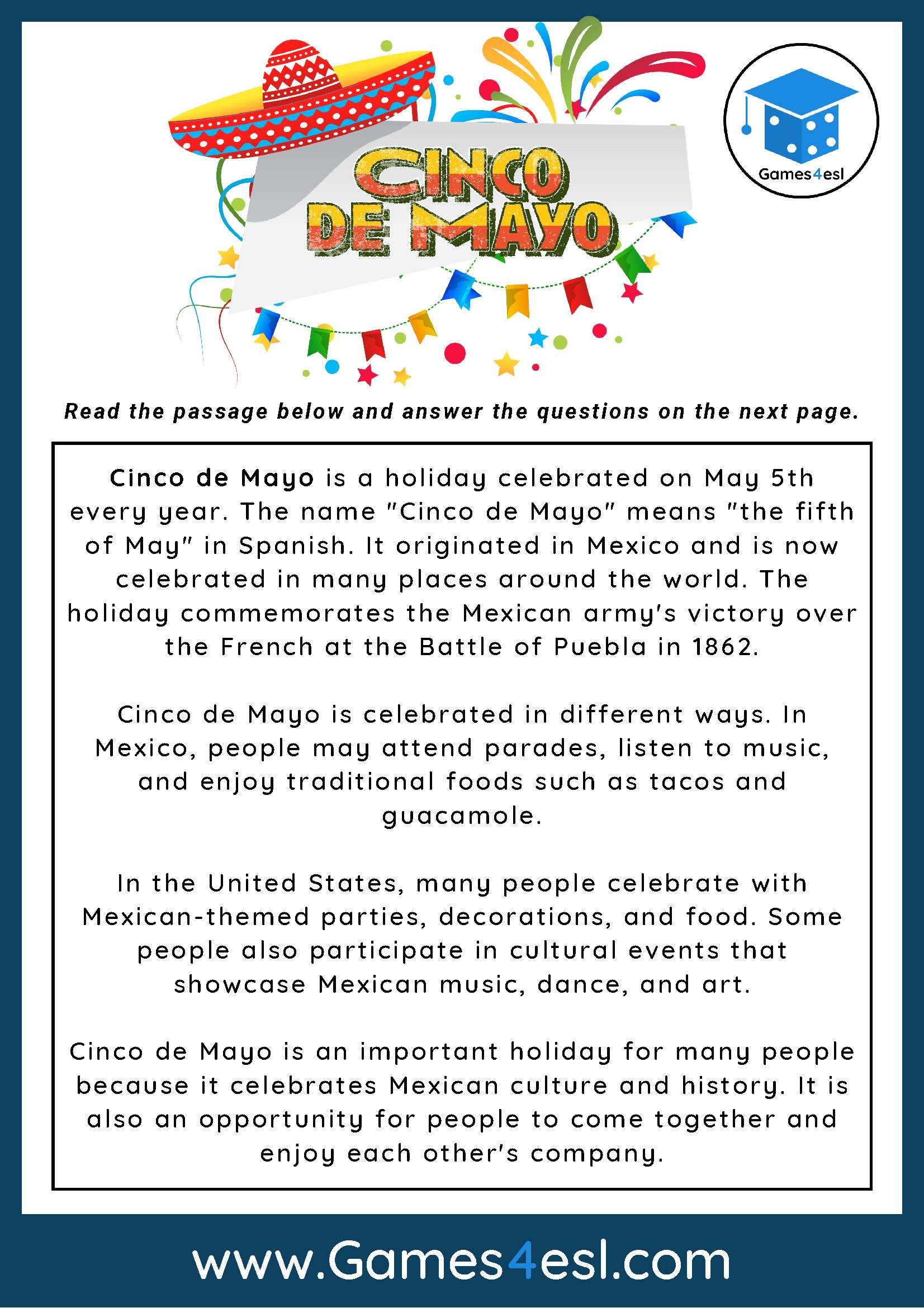 Cinco De Mayo Reading Comprehension Worksheet Games4esl