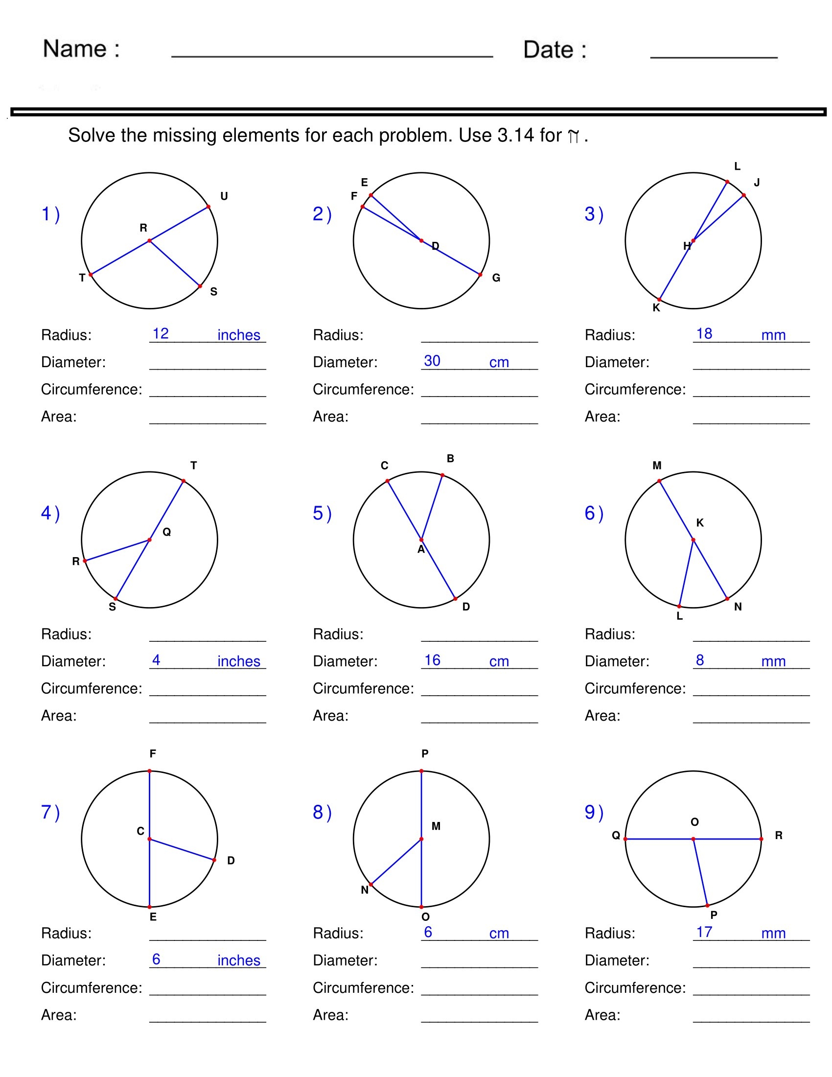 Circumference Area Radius And Diameter Circle Worksheets Made By Teachers