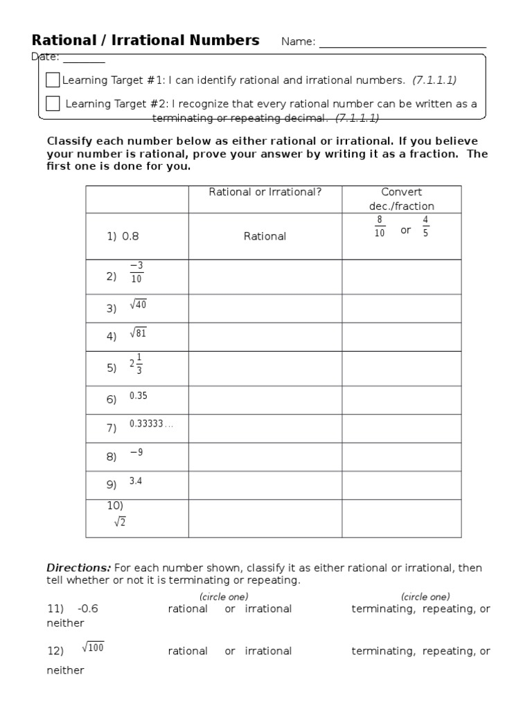 worksheet for rational and irrational numbers
