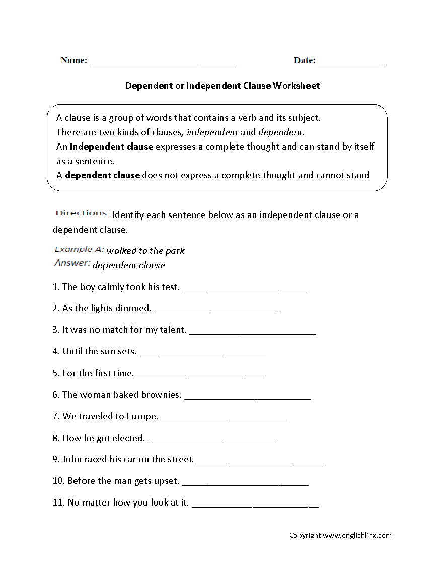 Clauses Worksheets Dependent Or Independent Clauses Worksheet
