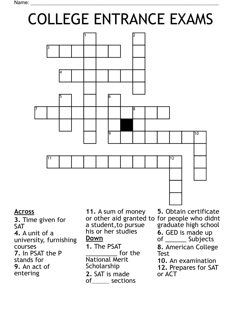 COLLEGE ENTRANCE EXAMS Crossword WordMint