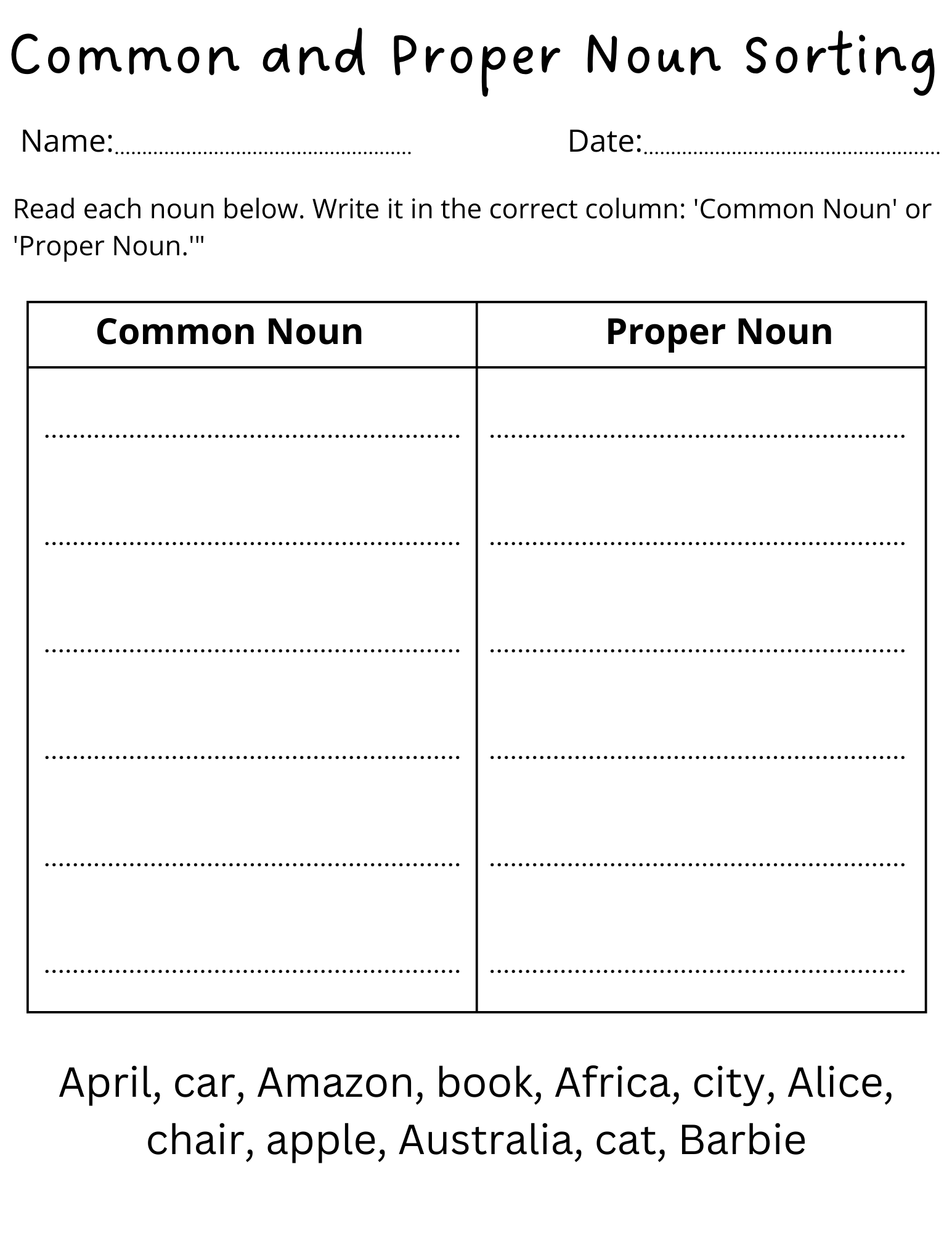 Common And Proper Noun Sorting Worksheet For Grade 1 Made By Teachers
