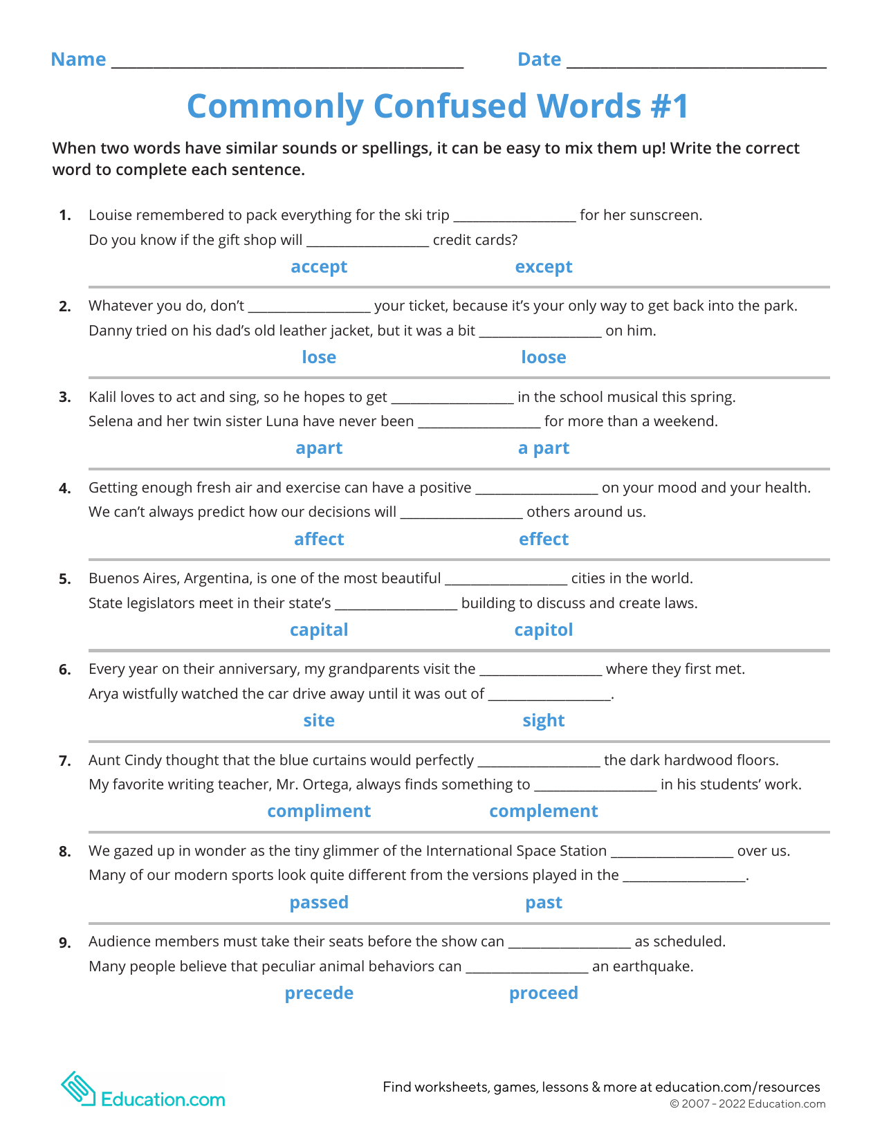 Commonly Confused Words Worksheet