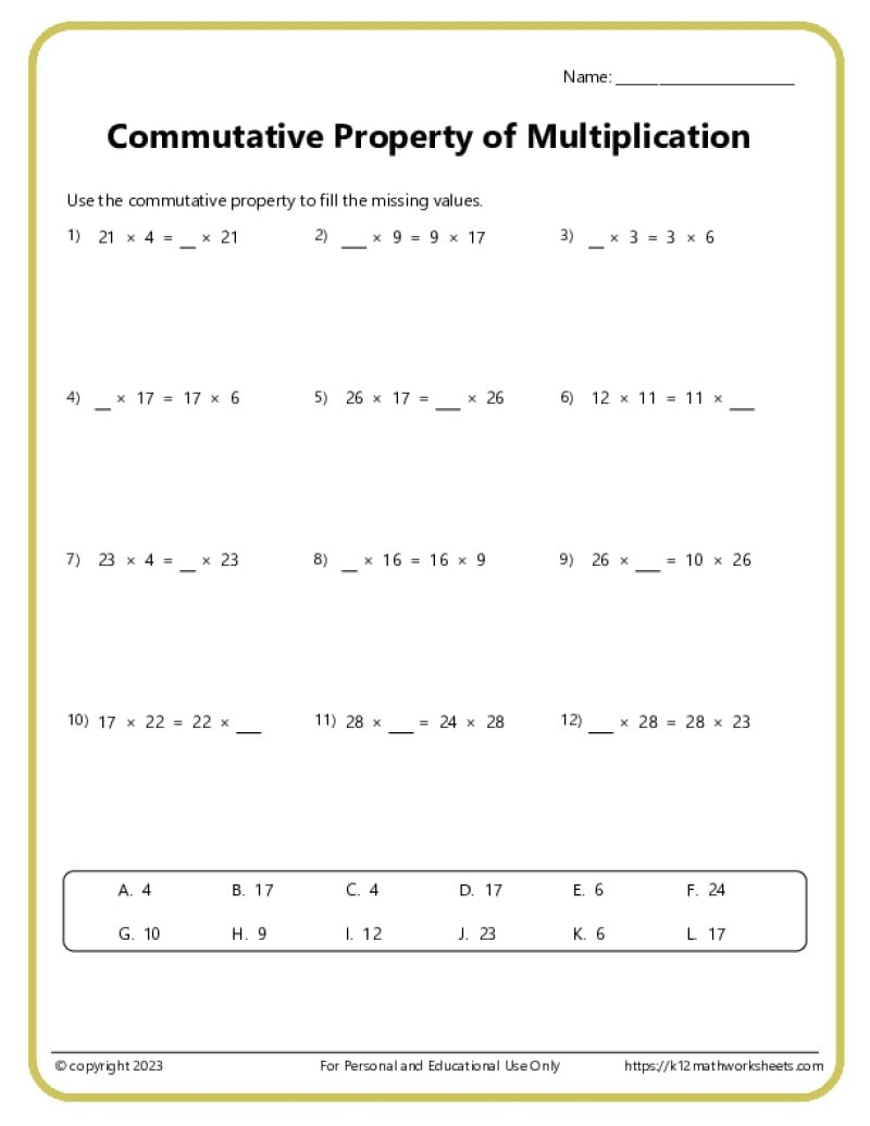 Commutative Property Of Multiplication Worksheets