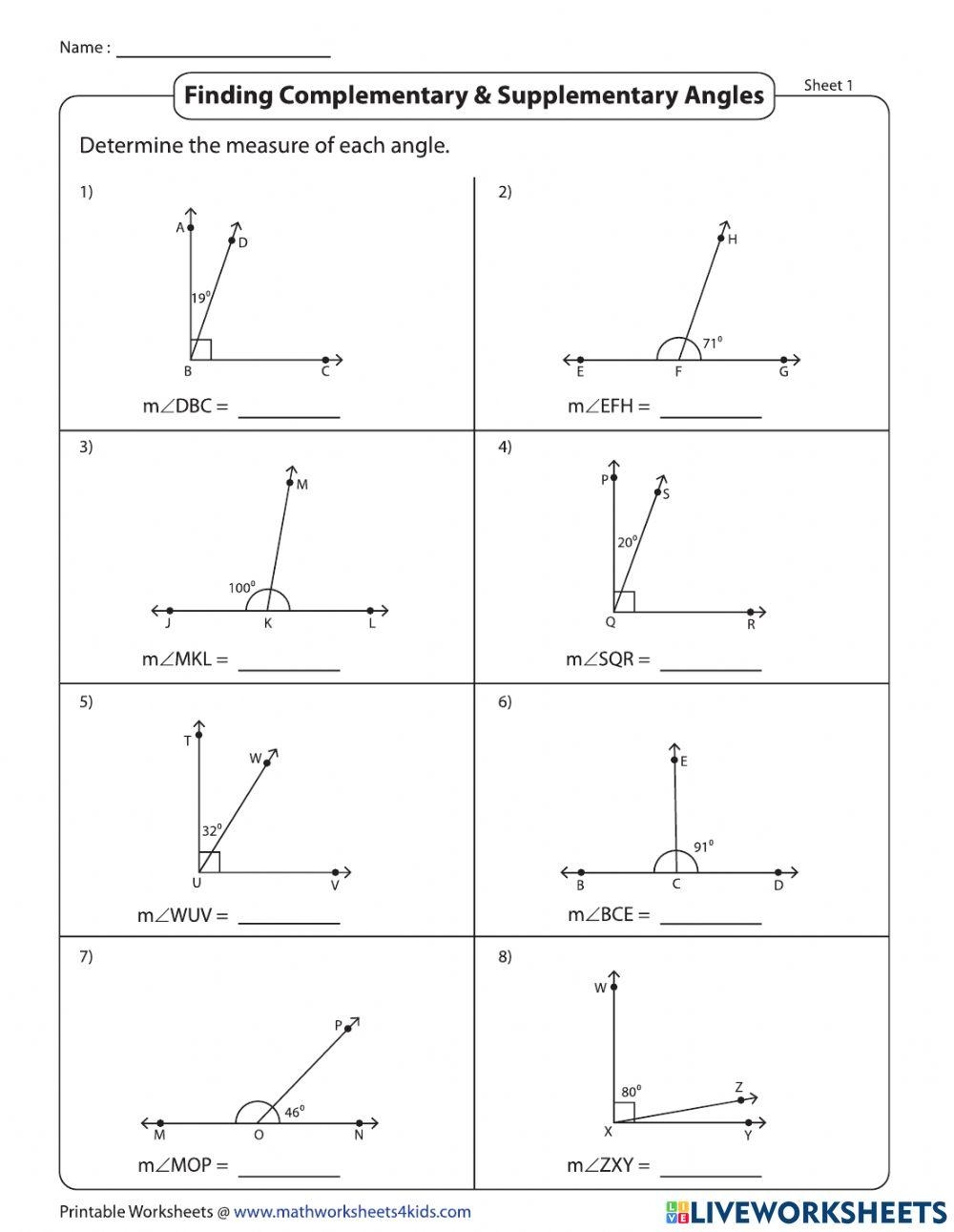 Complementary And Supplementary Angles Find The Missing Angle Worksheets Library