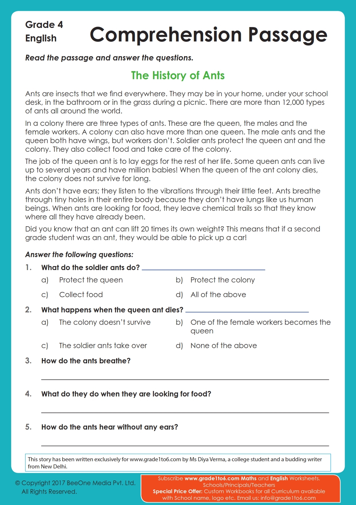 Comprehension Passage For Grade 4 Grade1to6