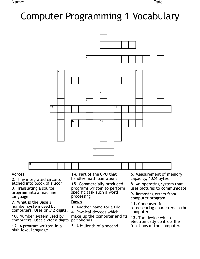 Computer Programming 1 Vocabulary Crossword WordMint
