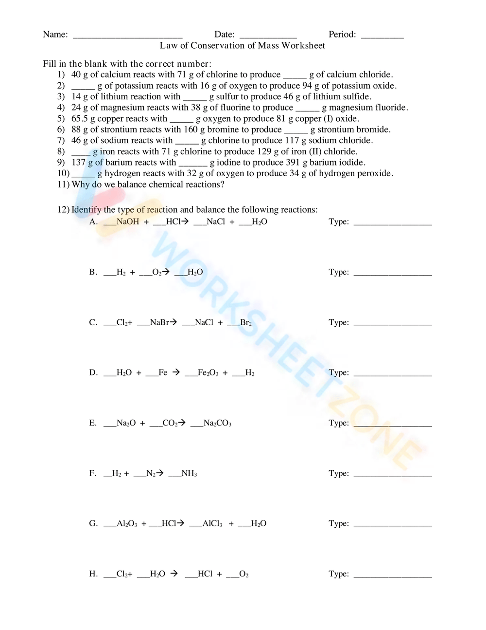 Conservation Of Mass Worksheets