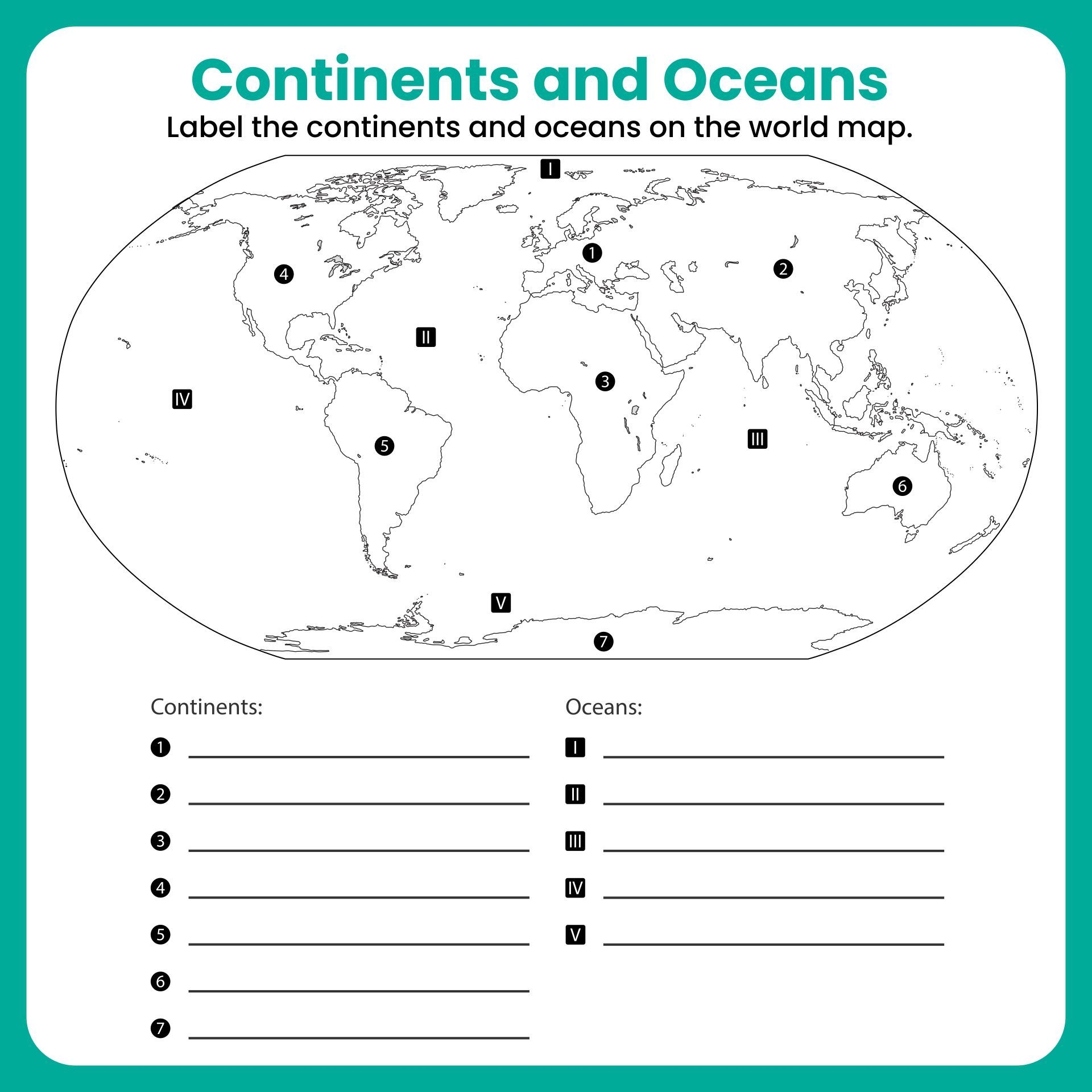 Continents And Oceans Map For 2nd Grade Continents And Oceans Worksheets Library
