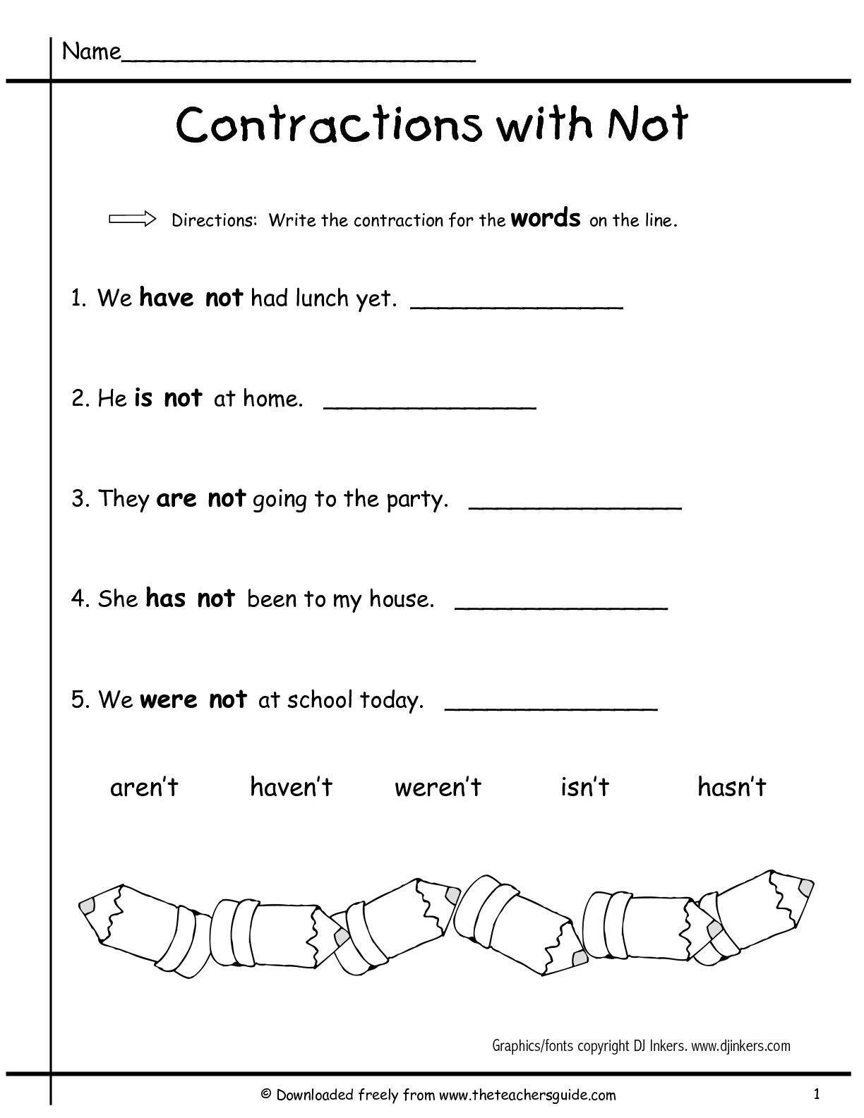 contractions with not worksheet