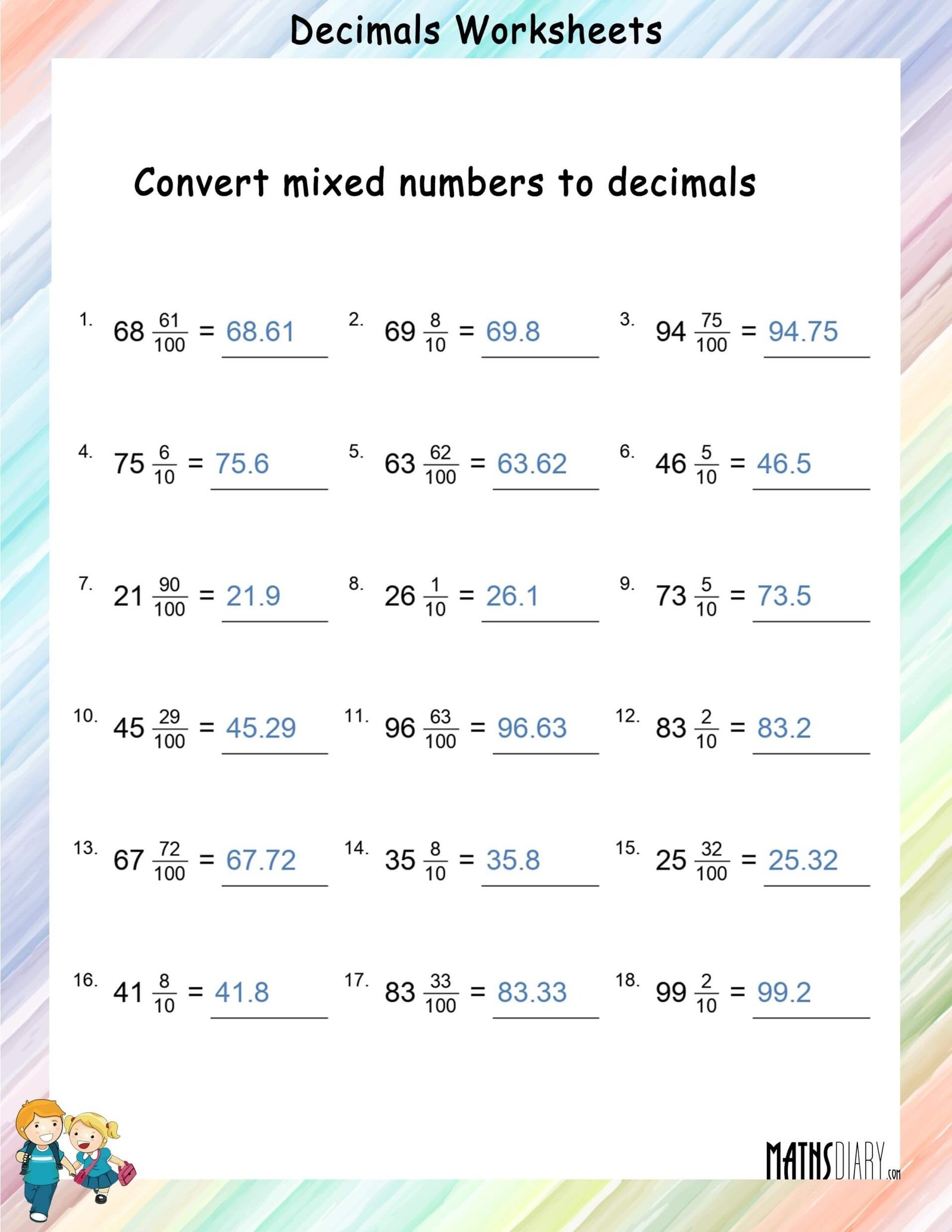 Convert Mixed Fractions To Decimals Worksheets Math Worksheets MathsDiary