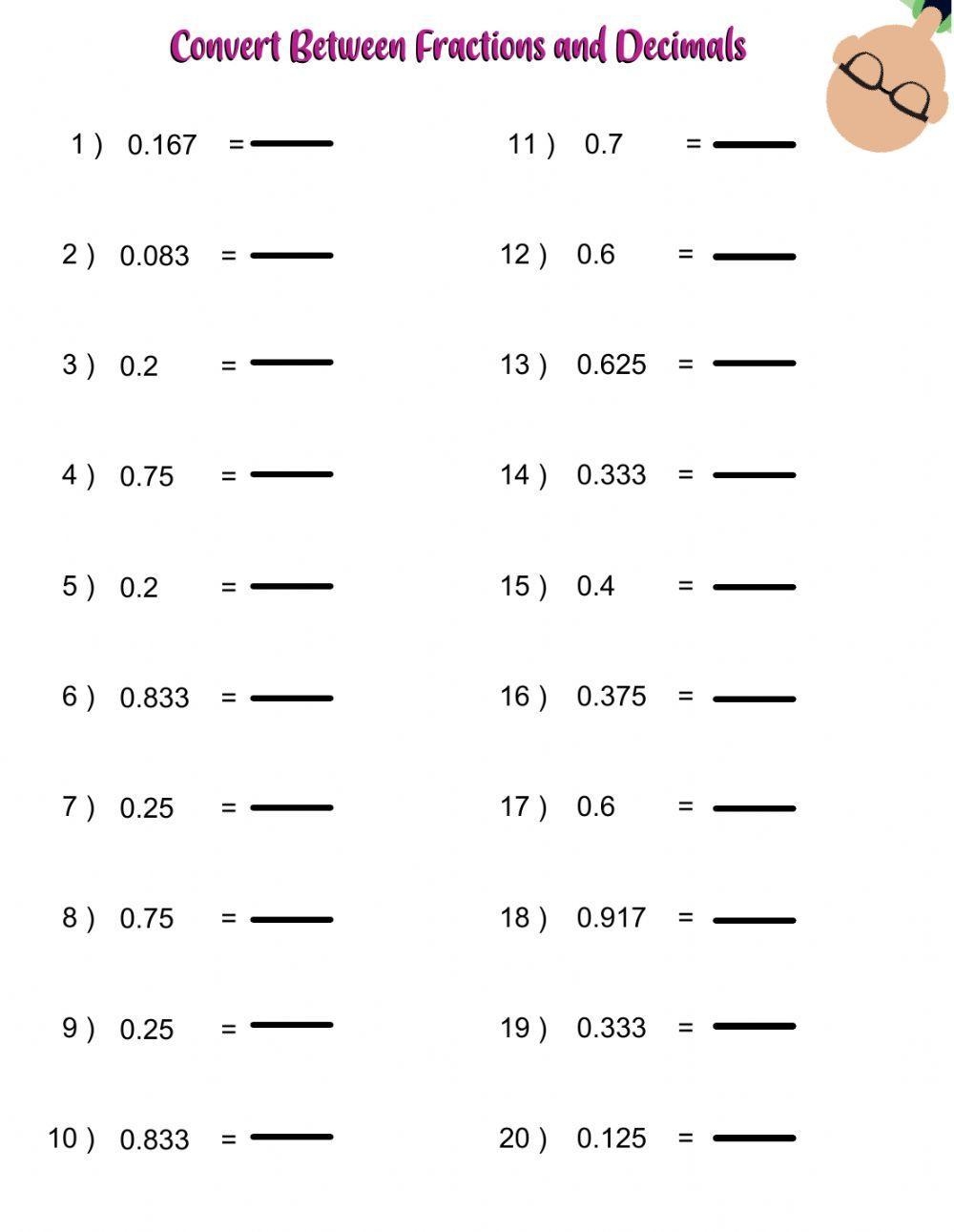 decimal to fraction worksheet decimal to fraction worksheet