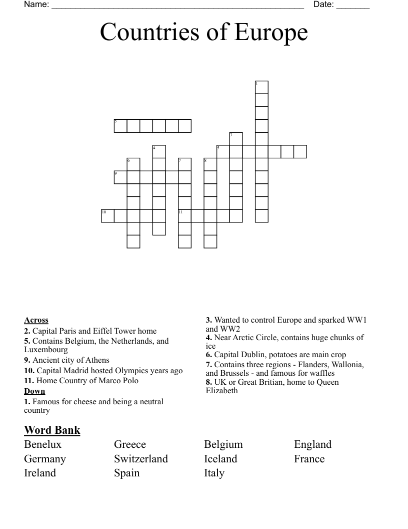 Countries Of Europe Crossword WordMint