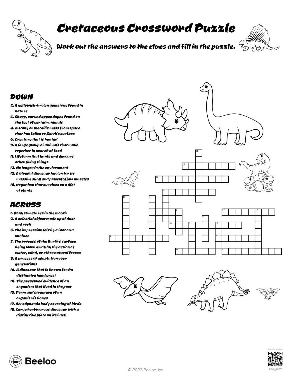 Cretaceous Crossword Puzzle Beeloo Printable Crafts And Activities For Kids