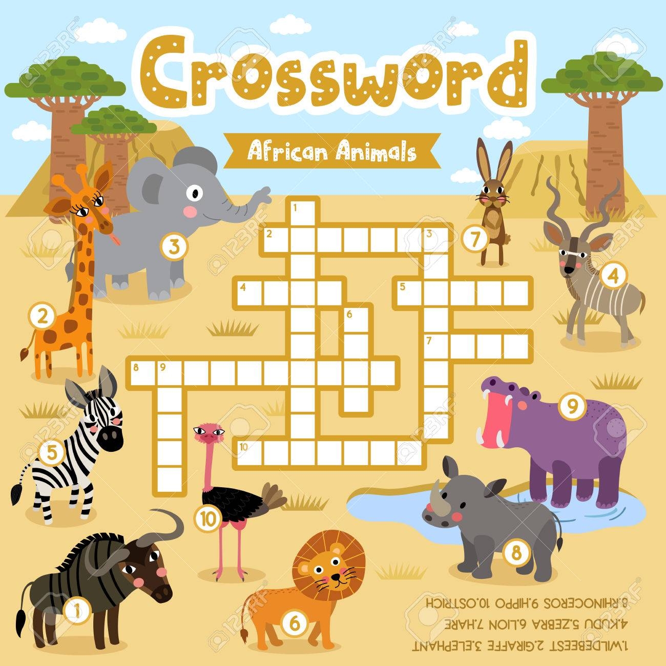 Crosswords Puzzle Game Of African Animals For Preschool Kids Activity Worksheet Colorful Printable Version Vector Illustration Royalty Free SVG Cliparts Vectors And Stock Illustration Image 86634717 