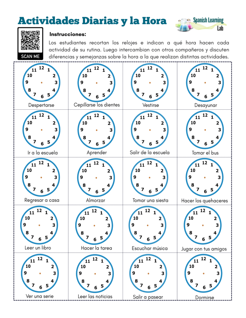 Daily Activities Time In Spanish PDF Worksheet Spanish Learning Lab