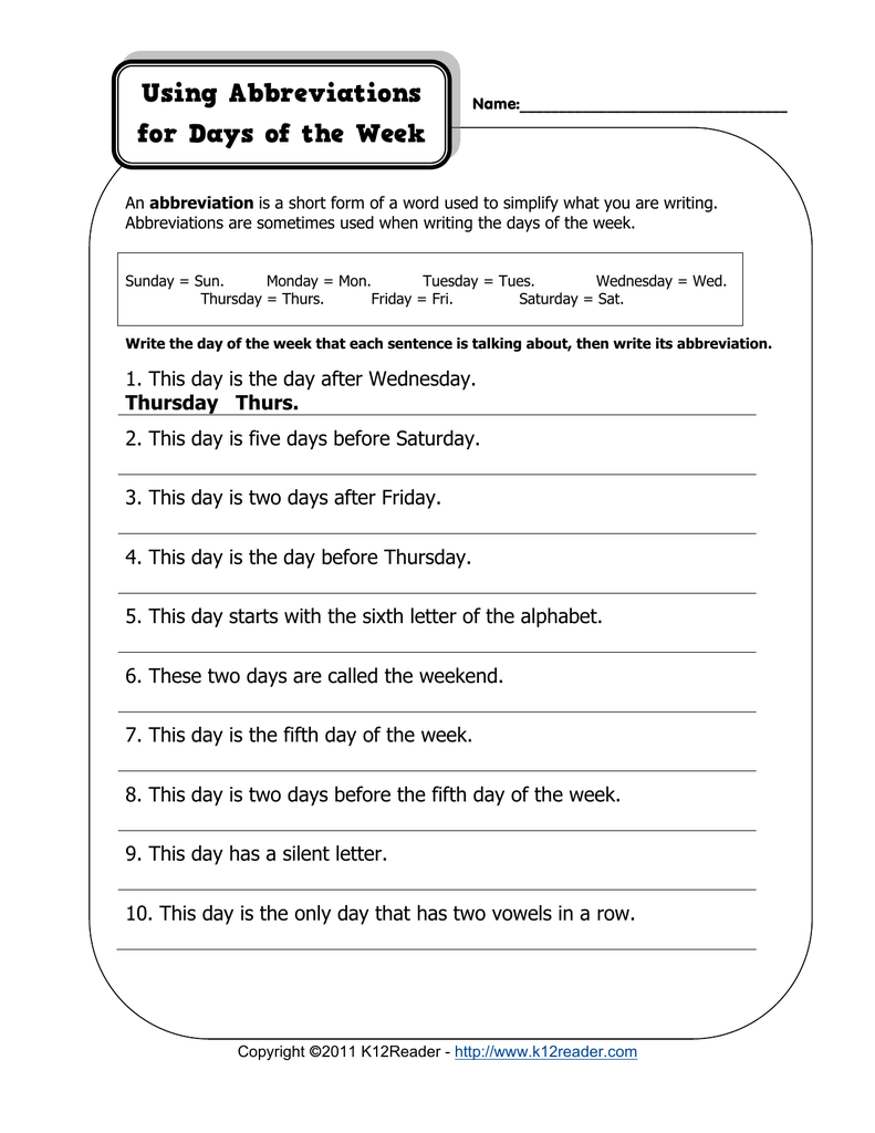 Days Of The Week Abbreviations Worksheet