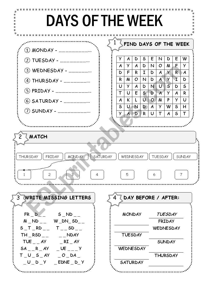 days of the week in english worksheet