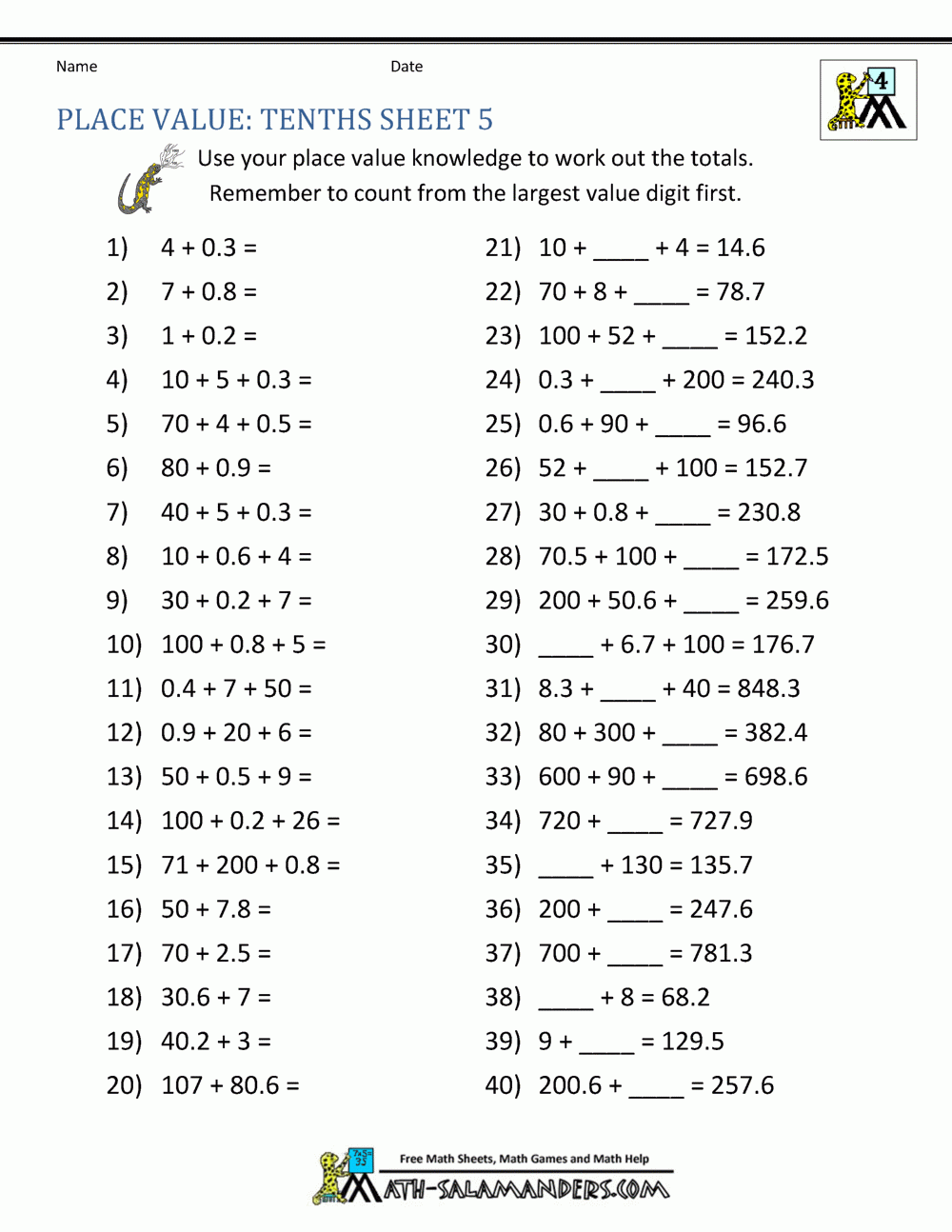 Decimal Place Value Worksheets 4th Grade Worksheets Library