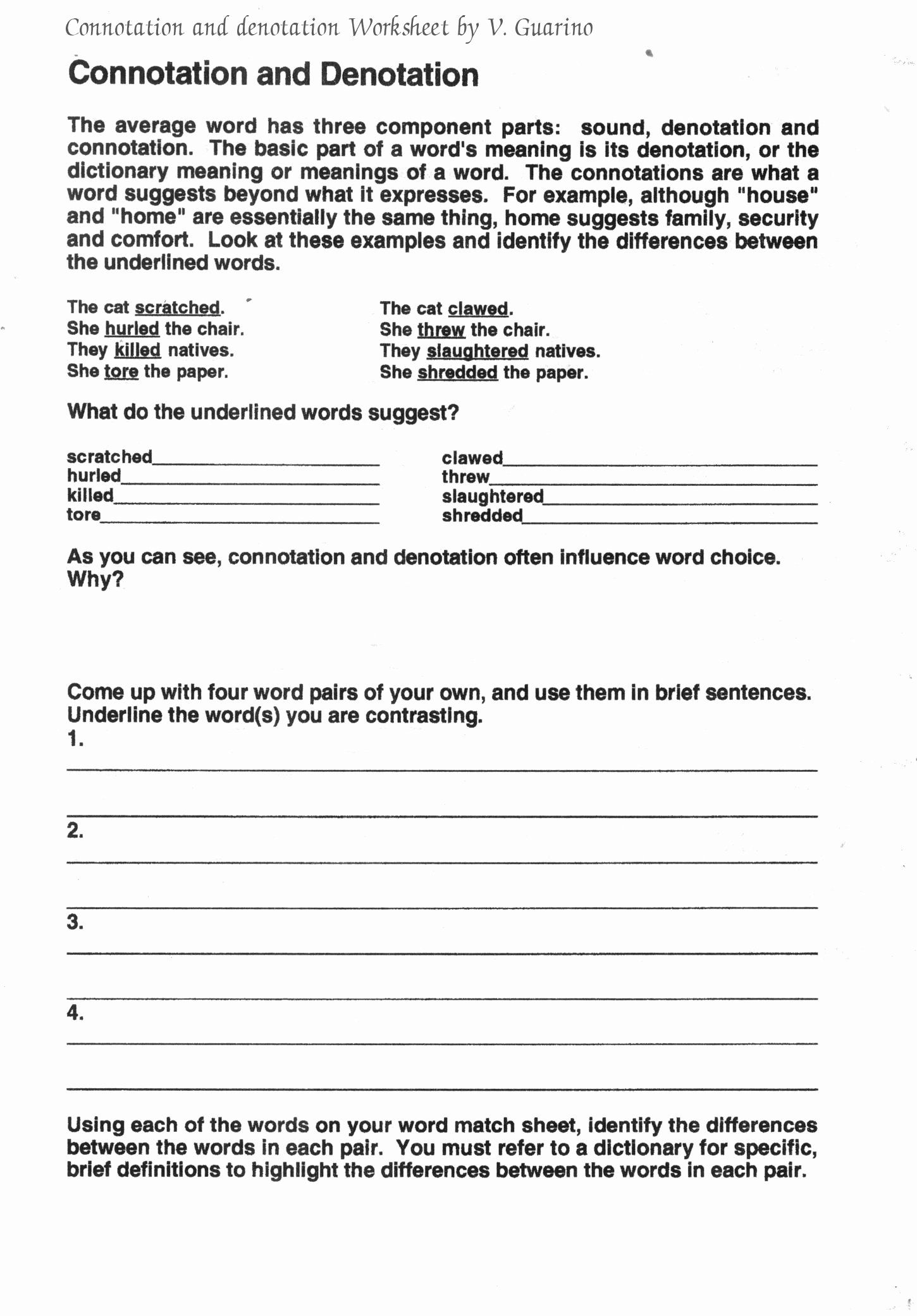 Denotation And Connotation Worksheet Fresh Connotation And Denotation Worksheets For Middle School