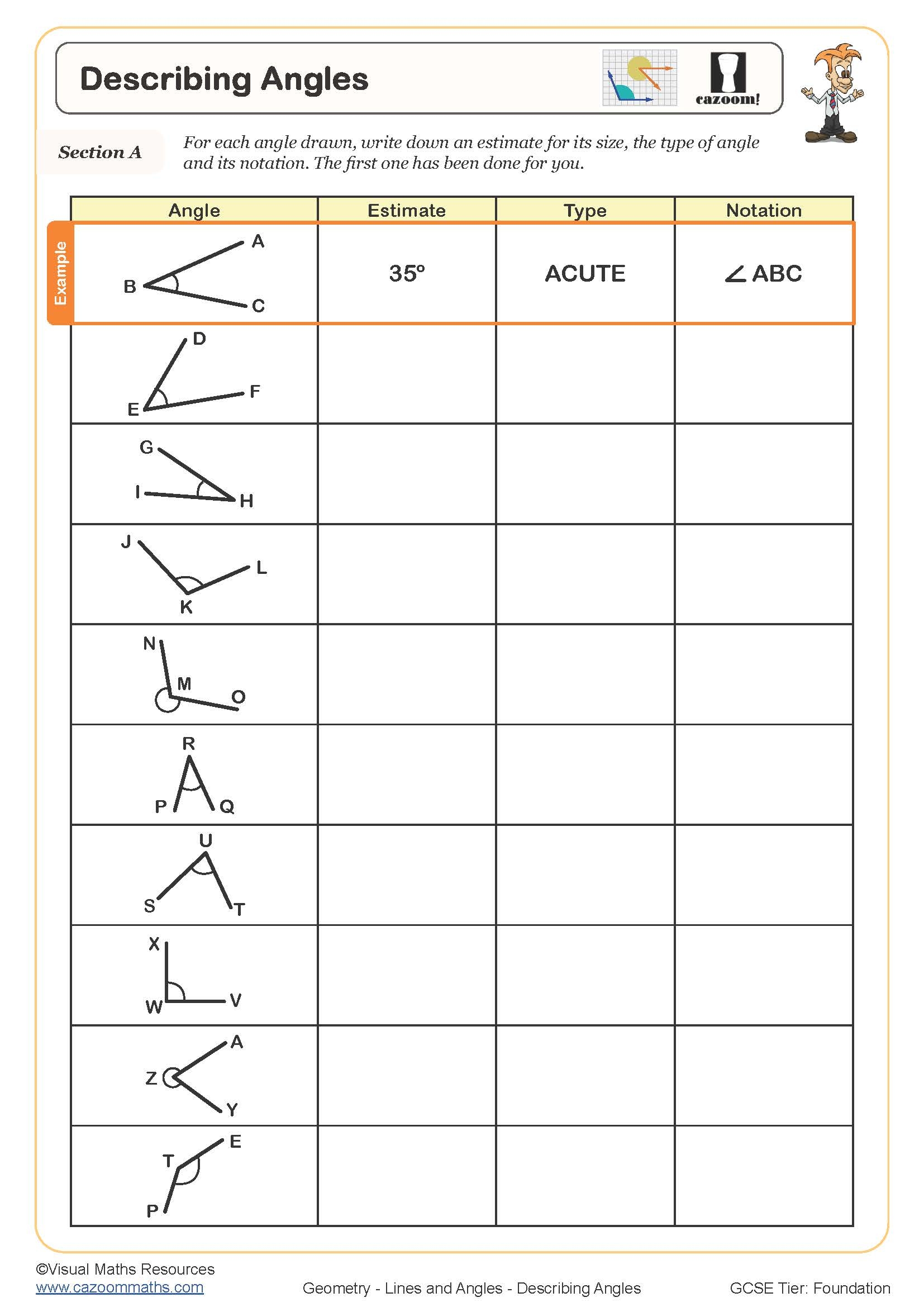 Describing Angles Worksheet Cazoom Maths Worksheets