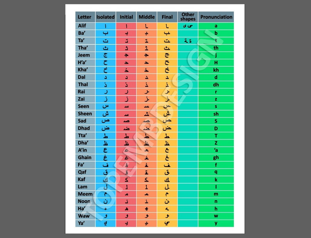 Digital Vector Design All Arabic Letters Table Beginning Middle End Tables Classroom PDF SVG PNG Etsy