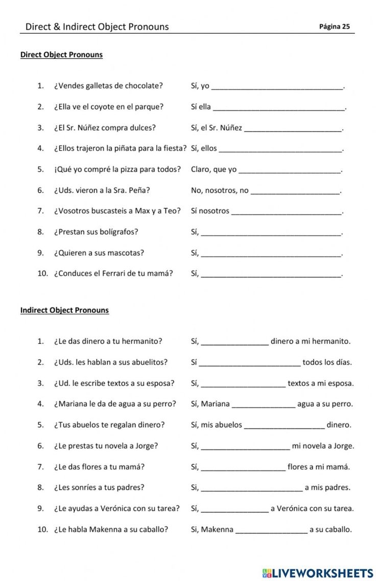Direct Indirect Object Pronouns Worksheet Direct Indirect Object Pronouns Worksheet