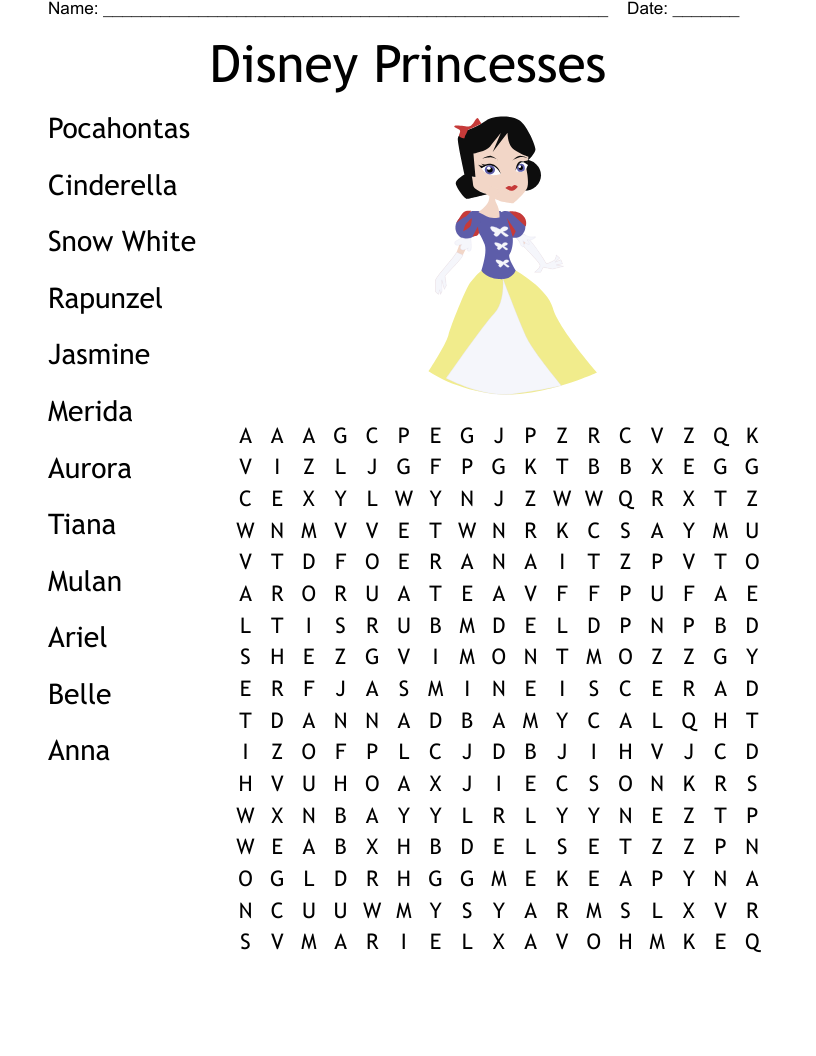 Disney Princesses Crossword WordMint Disney Princesses Crossword WordMint