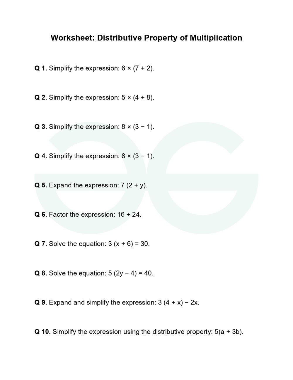 Distributive Property Of Multiplication Worksheet GeeksforGeeks