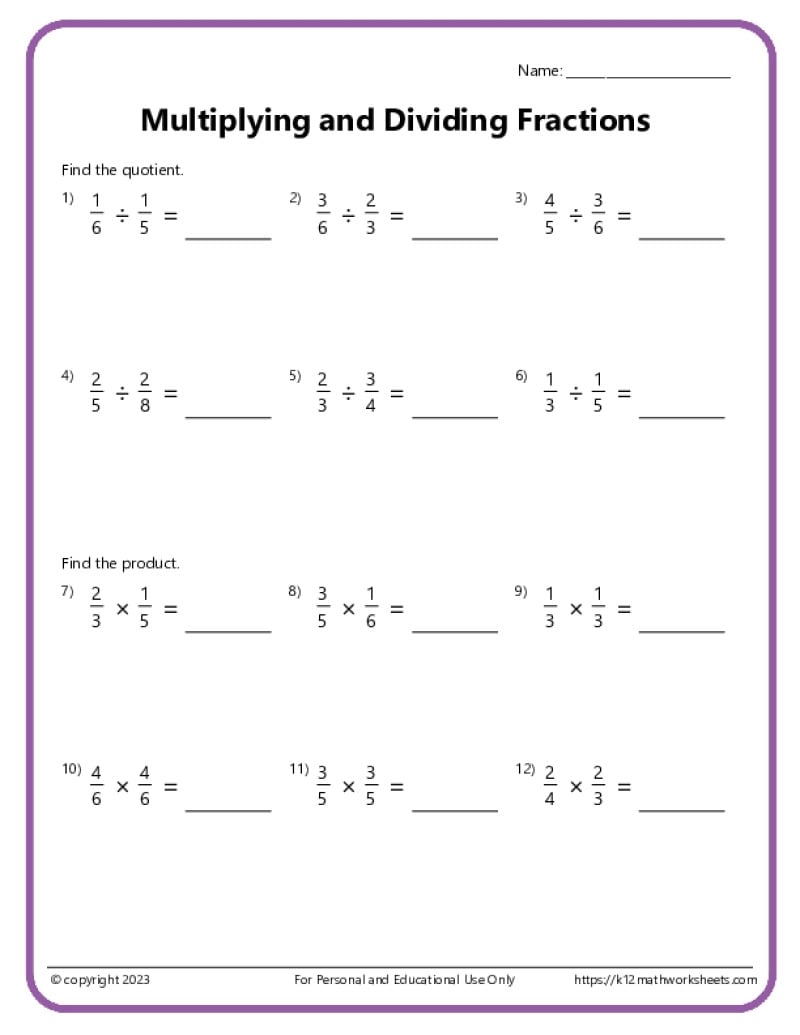 division and fractions worksheets