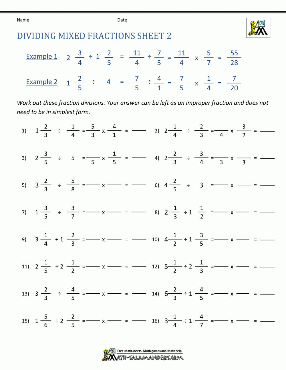 Dividing Mixed Fractions Worksheet