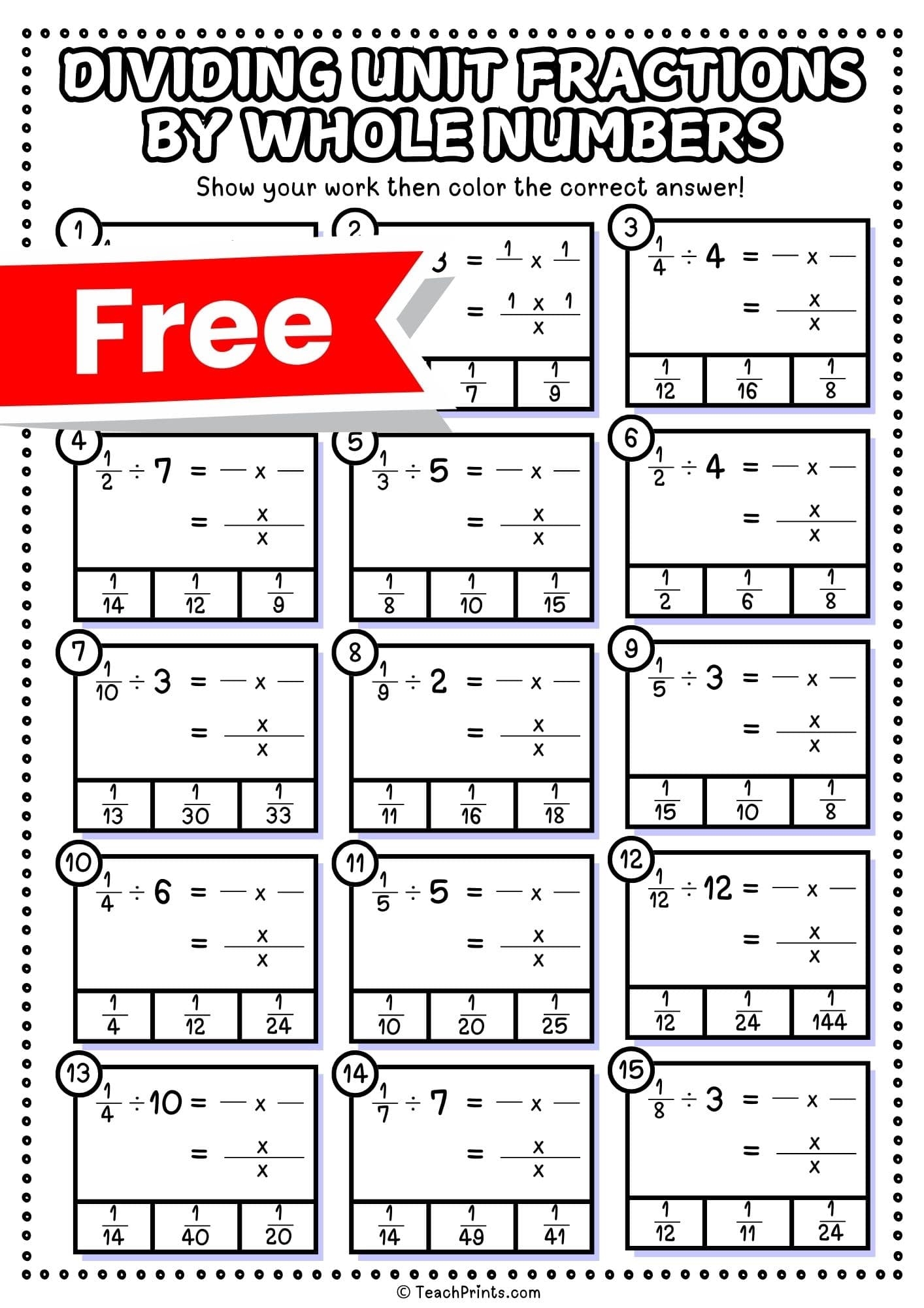 divide a fraction by a whole number worksheet