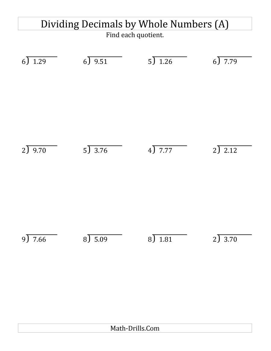 dividing decimals by whole numbers worksheet