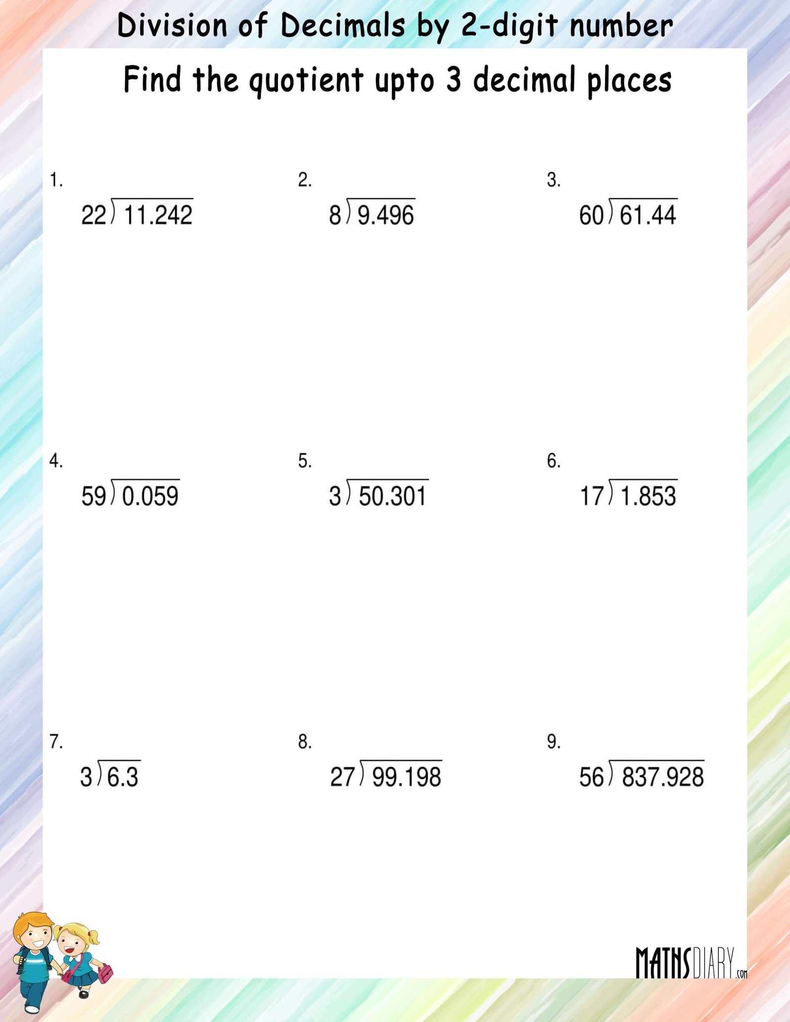 Division Of Decimals By 2 digit Number Math Worksheets MathsDiary