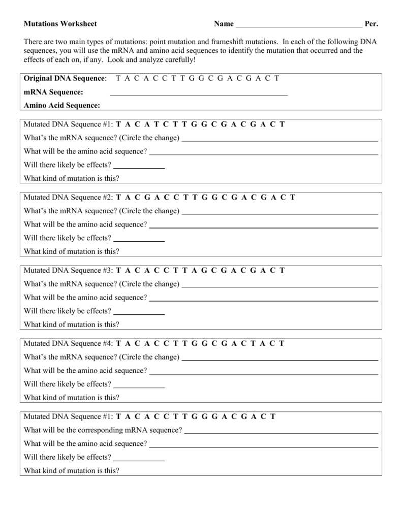 DNA Mutation Worksheet Point Frameshift Analysis