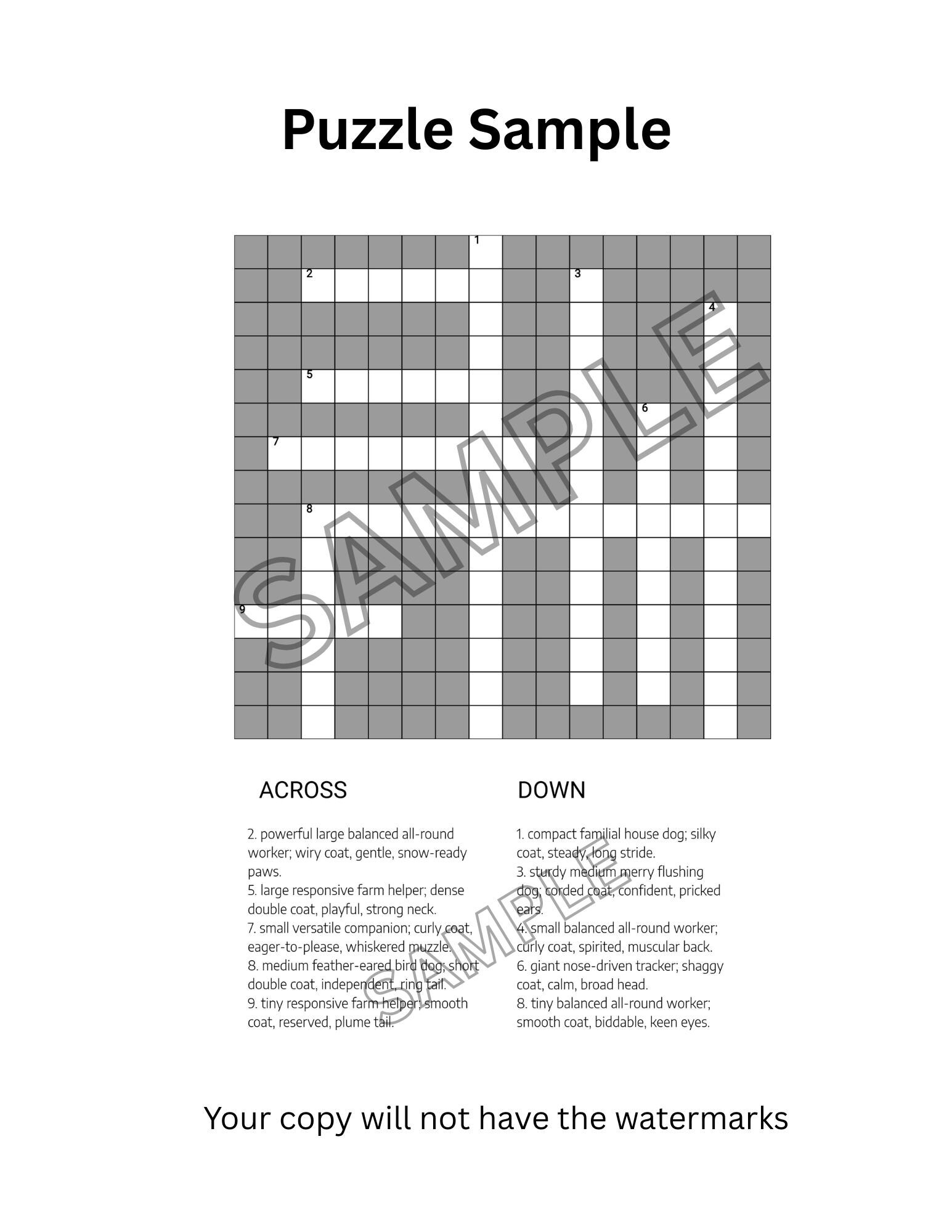 Dog Breed Crossword Puzzle Printable 300 Clues PDF Instant Download Brain Game For Adults Etsy