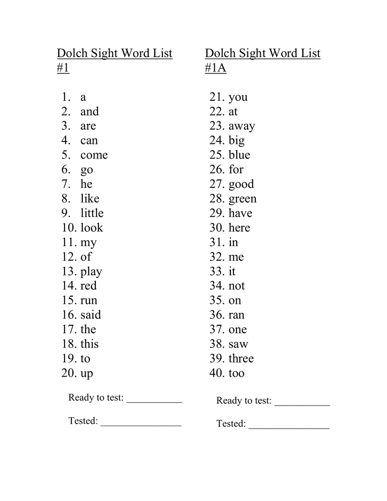 Dolch Sight Word List 1 1A Early Reading