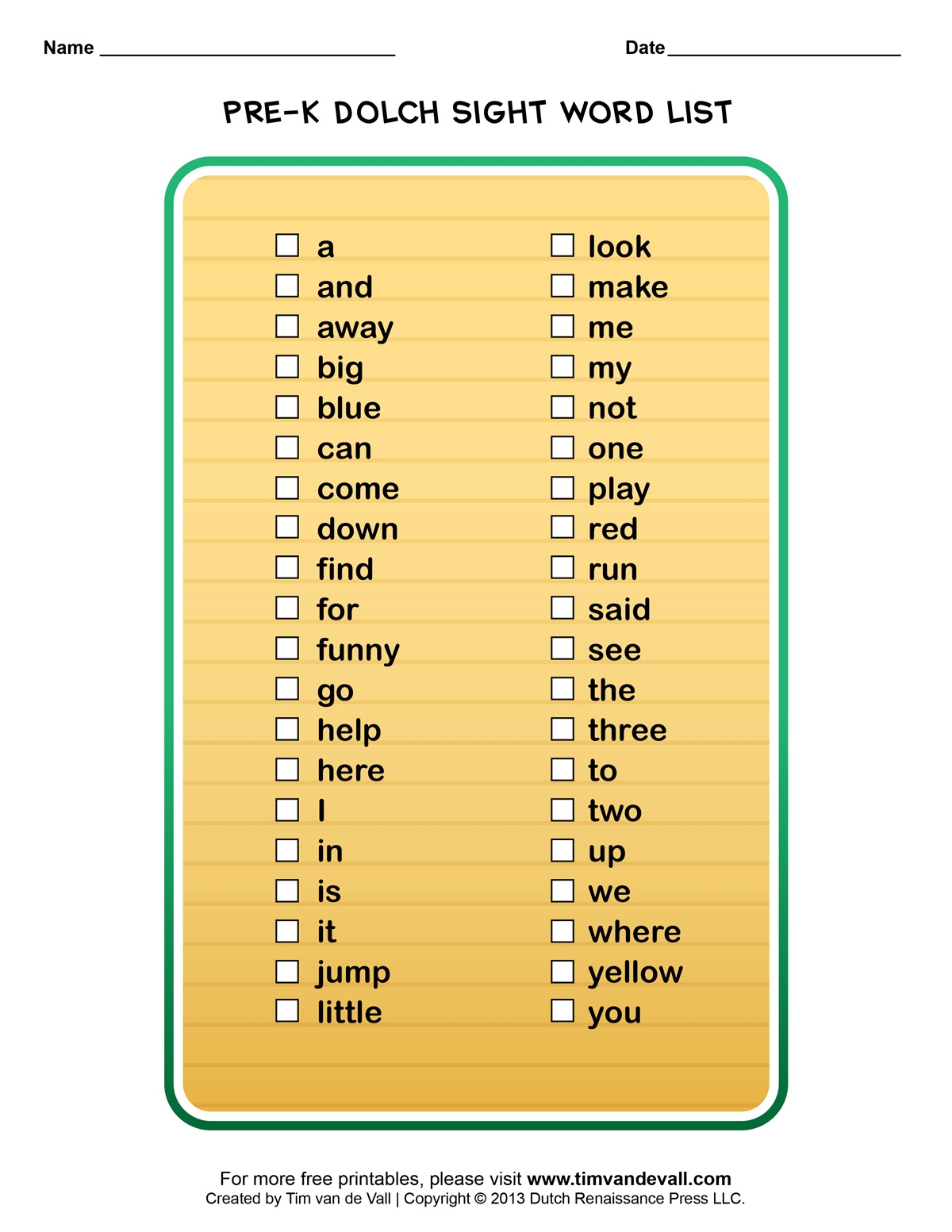 Dolch Sight Words Lists For Pre K Kindergarten 1st 2nd 3rd Grade