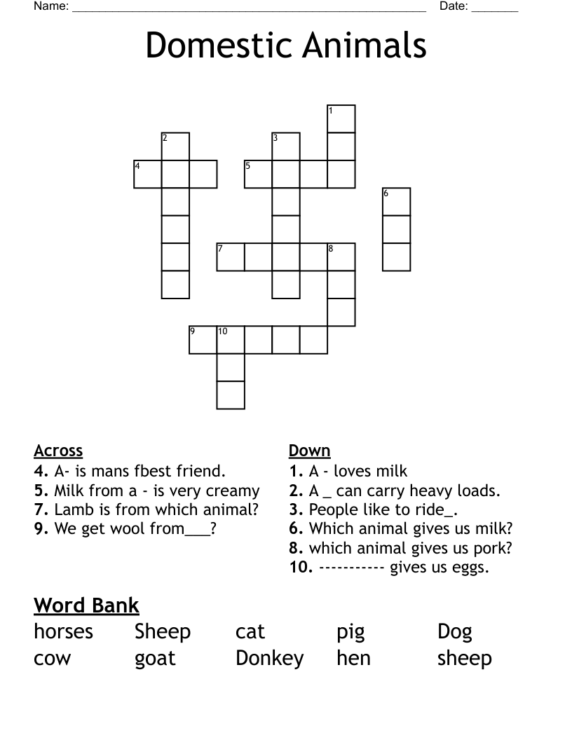 Domestic Animals Crossword WordMint